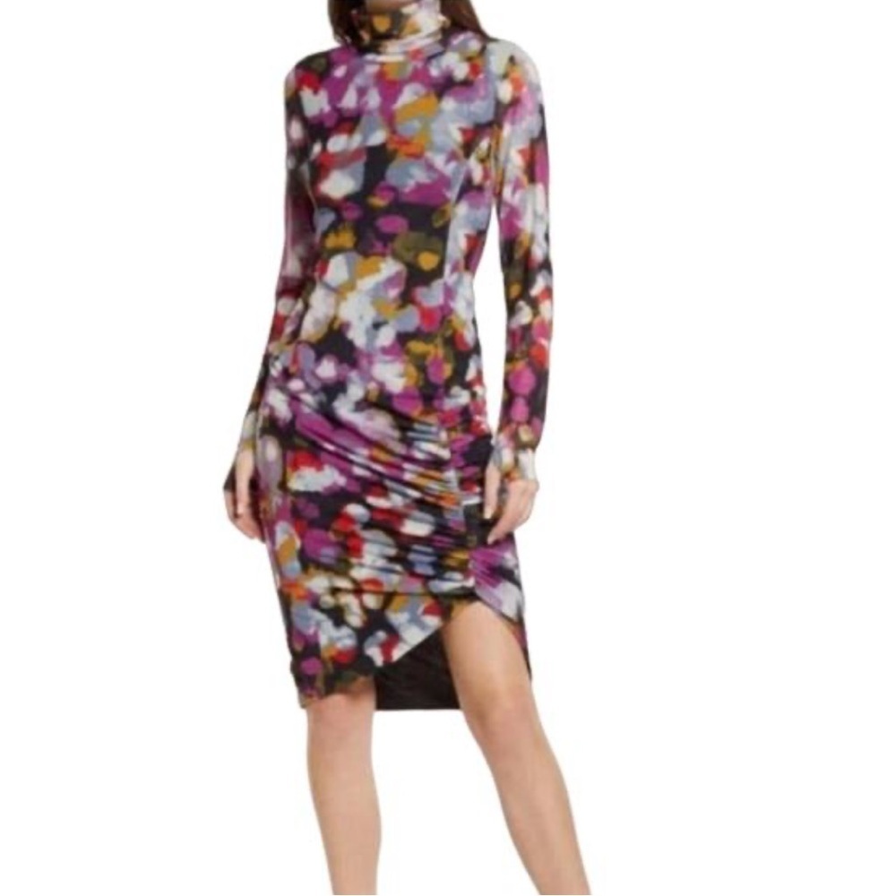 Open Edit Black Floral Painted Confetti Long Sleeve Ruched Mesh Dress